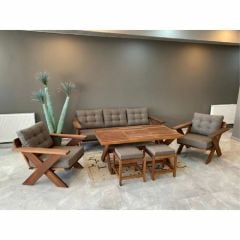 Verona Masif Ahşap Bahçe Balkon Koltuk Takımı Kestane Ağacı 3+1+1 Takım