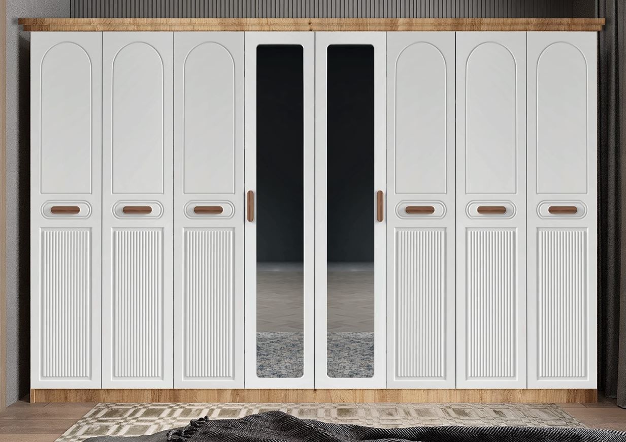 Falcon Membran 8 Kapaklı 4 Çekmeceli Dolap Gardırop Montaj Dahil - Cam Beyaz