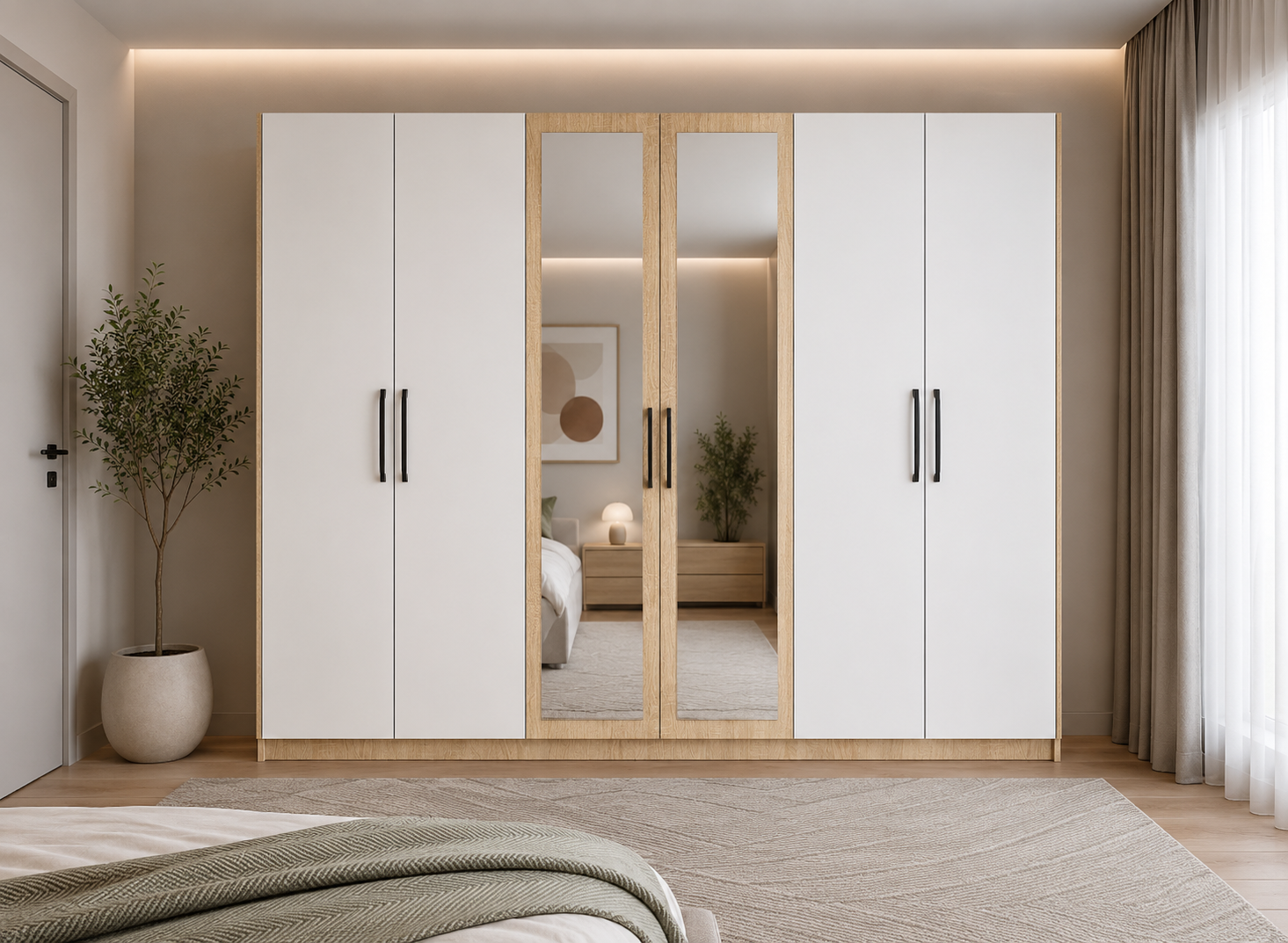 Alessi 6 Kapaklı Dolap Gardırop Meşe Beyaz