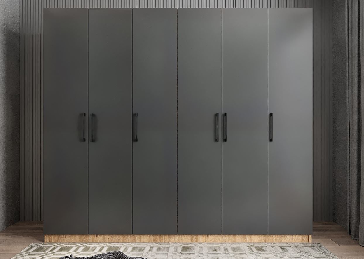 Cartel 6 Kapaklı Gizli Çekmeceli Gardırop Dolap Çam Füme - Ücretsiz Kurulum