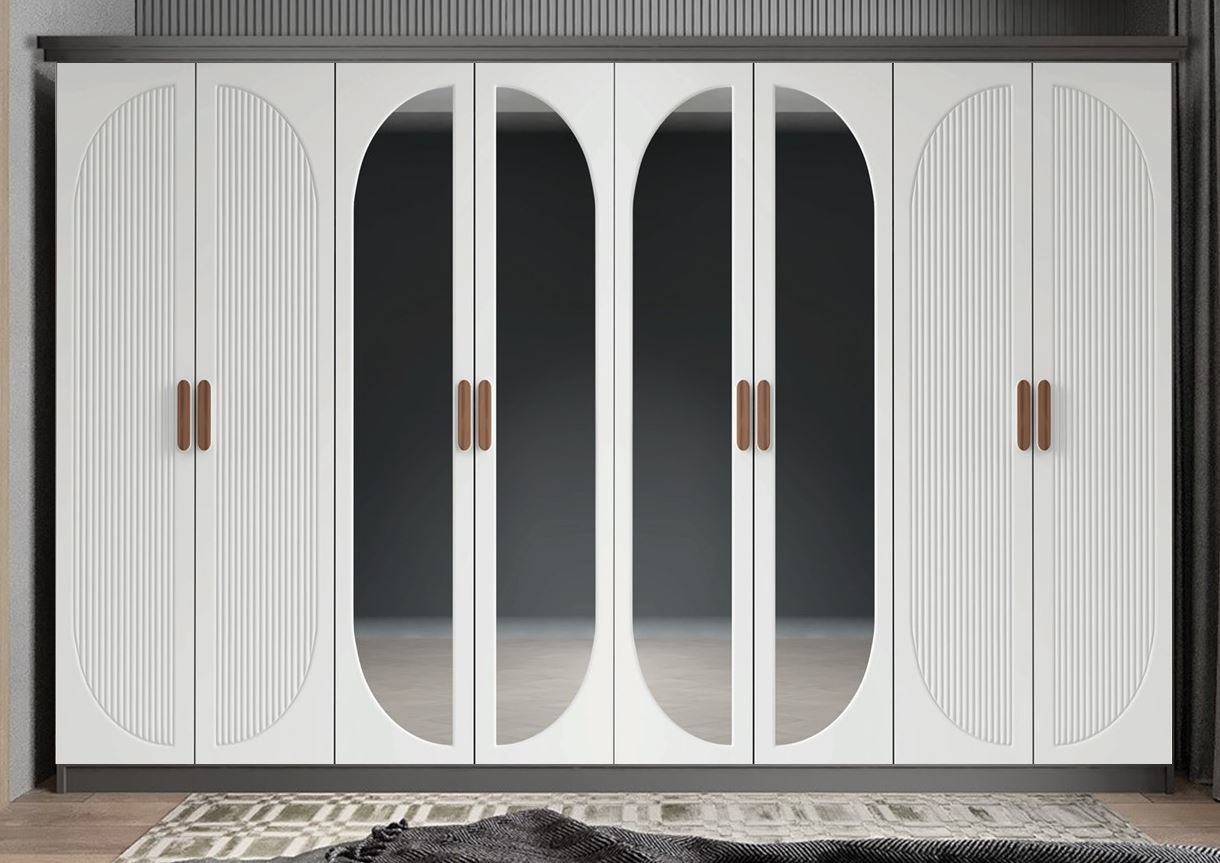 Foster Membran 8 Kapaklı 4 Çekmeceli Dolap Gardırop Montaj Dahil - Fume Beyaz