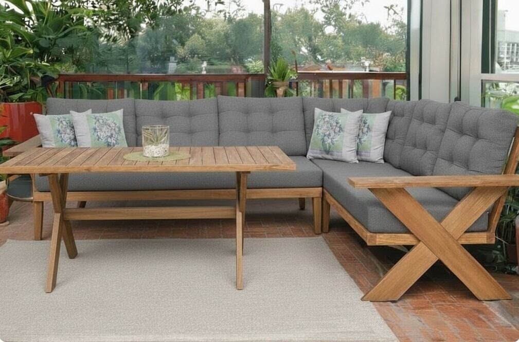 Müşteriye Özel Berlin Masif Ahşap Bahçe Balkon Köşe Koltuk ve Sehpa Takımı Kestane Ağacı 210 cm  x 210 cm