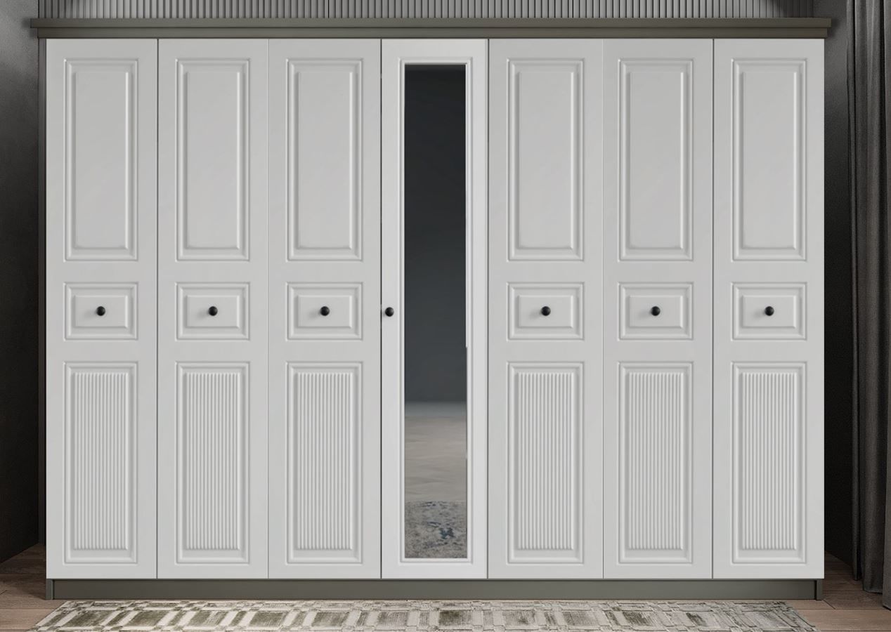 Arona Membran 7 Kapaklı Gardırop Montaj Dahil - Fume Beyaz