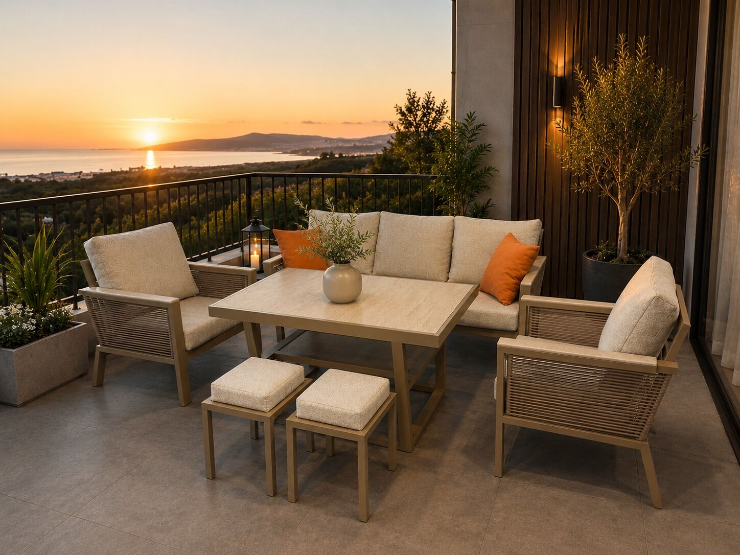 Kanyon Metal Bahçe Balkon Teras Koltuk Takımı 3+1+1+Masa+2 Adet Puf