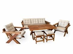 Matruşka Masif Ahşap Bahçe Balkon Koltuk Takımı Kestane Ağacı 3+1+1 Koltuk, Masa ve Puf Takımı