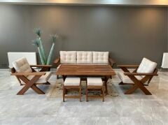 Matruşka Masif Ahşap Bahçe Balkon Koltuk Takımı Kestane Ağacı 3+1+1 Koltuk, Masa ve Puf Takımı