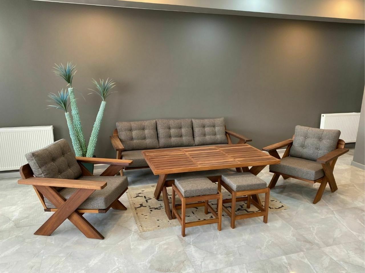 Matruşka Masif Ahşap Bahçe Balkon Koltuk Takımı Kestane Ağacı 3+1+1+Masa Takım