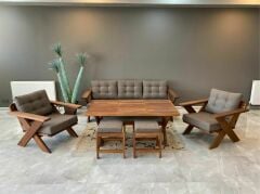 Matruşka Masif Ahşap Bahçe Balkon Koltuk Takımı Kestane Ağacı 3+1+1+Masa Takım