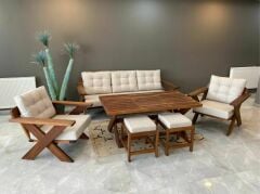 Matruşka Masif Ahşap Bahçe Balkon Koltuk Takımı Kestane Ağacı 3+1+1+Masa Takım