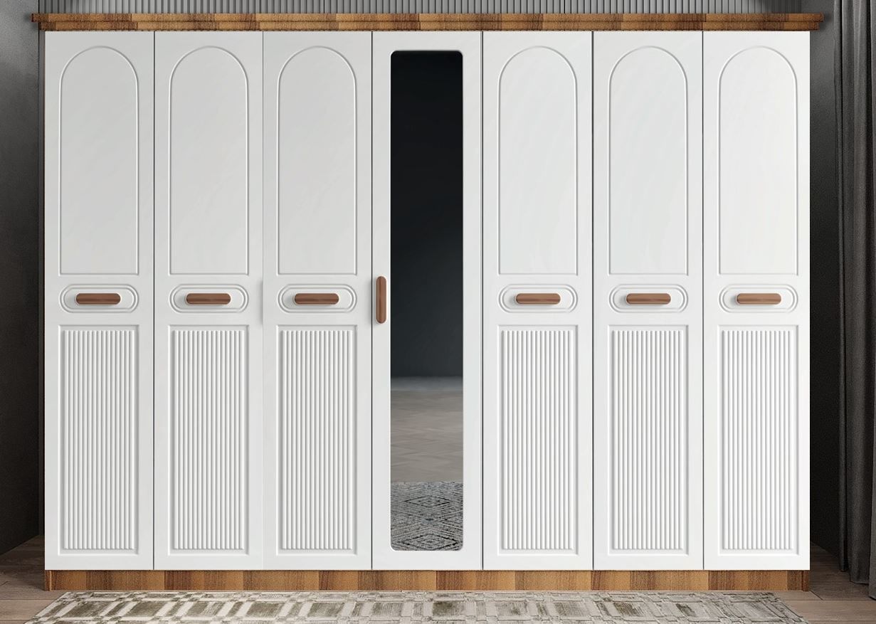 Etro Membran 7 Kapaklı Gardırop Montaj Dahil - Ceviz Beyaz