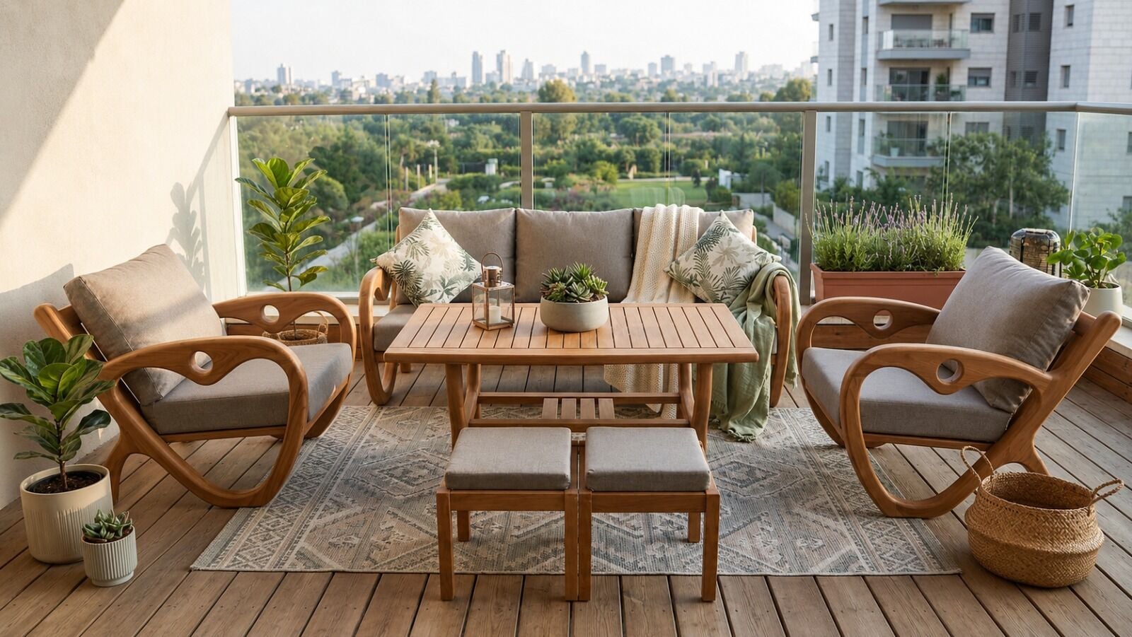 Gardenlove  Masif Ahşap Bahçe Balkon Koltuk Kestane Ağacı 3+1+1 Koltuk, Masa ve Puf Takımı