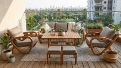 Gardenlove  Masif Ahşap Bahçe Balkon Koltuk Kestane Ağacı 3+1+1 Koltuk, Masa ve Puf Takımı
