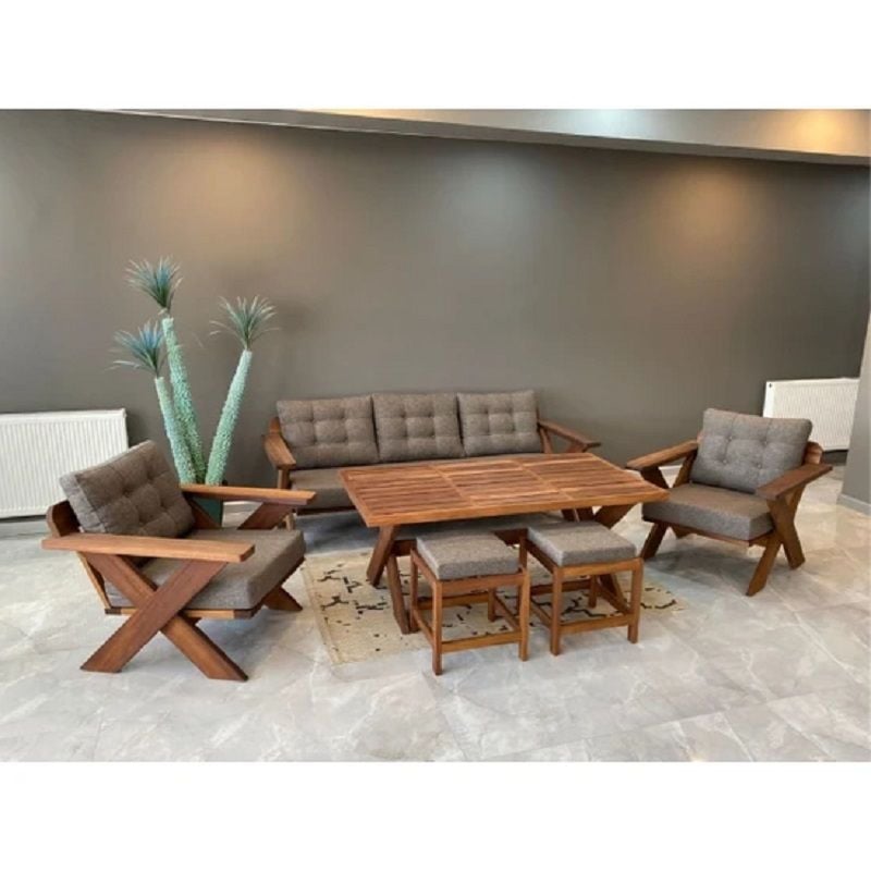 Verona Masif Ahşap Bahçe Balkon Koltuk Takımı Kestane Ağacı 3+1+1 Koltuk, Masa ve Puf Takımı