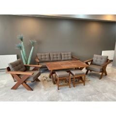 Verona Masif Ahşap Bahçe Balkon Koltuk Takımı Kestane Ağacı 3+1+1 Koltuk, Masa ve Puf Takımı