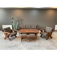 Verona Masif Ahşap Bahçe Balkon Koltuk Takımı Kestane Ağacı 3+1+1 Koltuk, Masa ve Puf Takımı