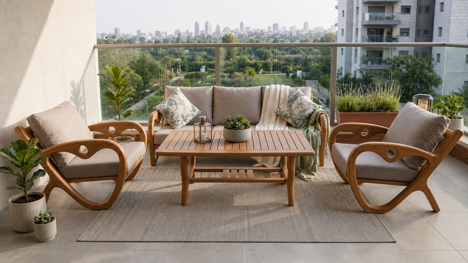 Gardenlove  Masif Ahşap Bahçe Balkon Koltuk Kestane Ağacı 3+1+1 Koltuk ve Masa Takımı