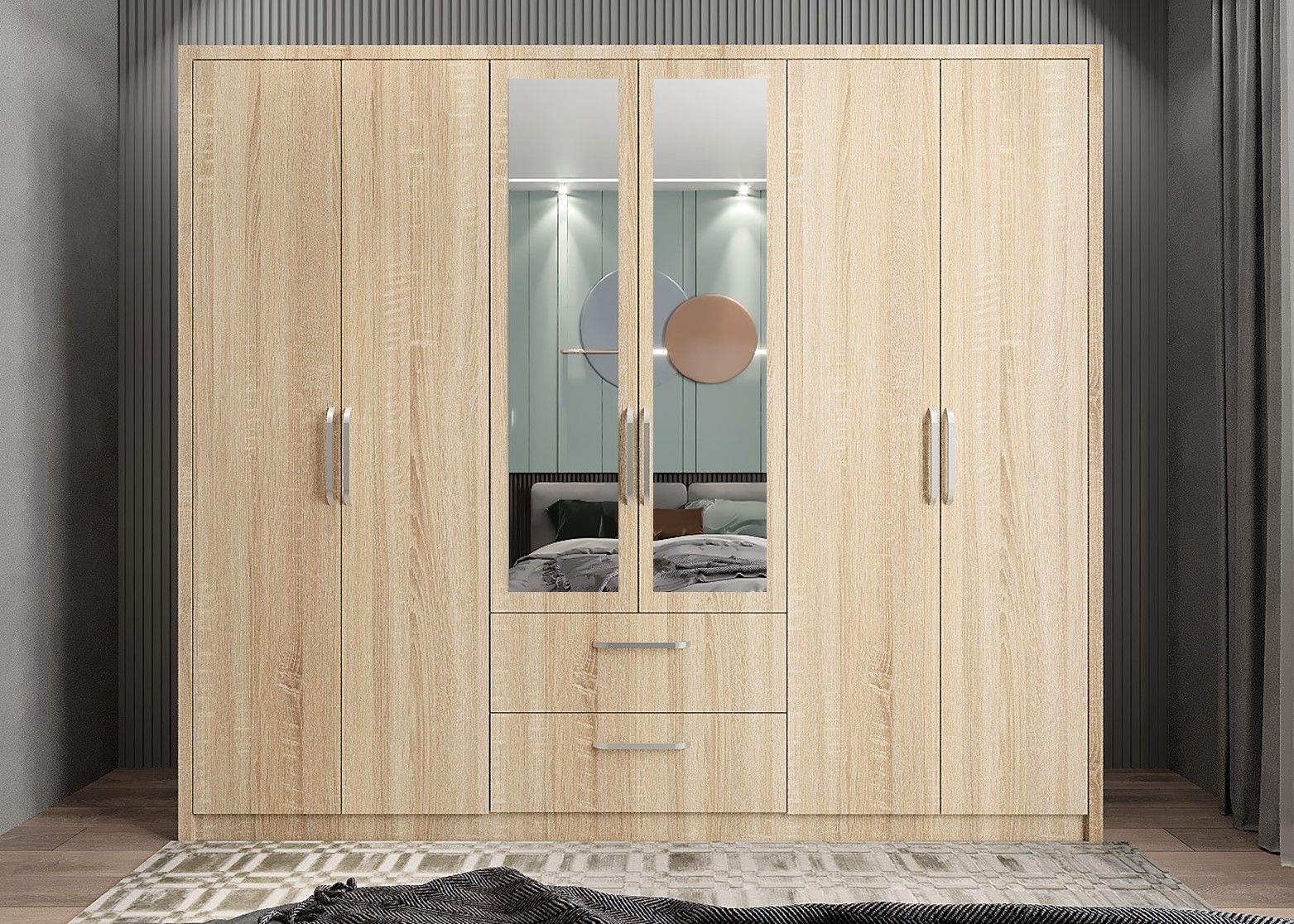 Akasya 6 Kapaklı Gardırop Dolap  Meşe - Ücretsiz Kurulum