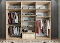 Runa Sürgü Kapaklı Dolap Gardırop Yüklüklü Meşe 240 cm - Ücretsiz Kurulum