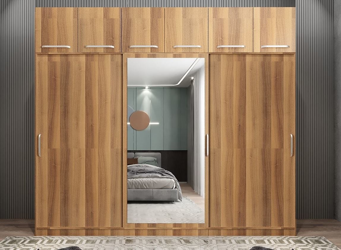 Runa Sürgü Kapaklı Dolap Gardırop Yüklüklü Ceviz 240 cm - Ücretsiz Kurulum