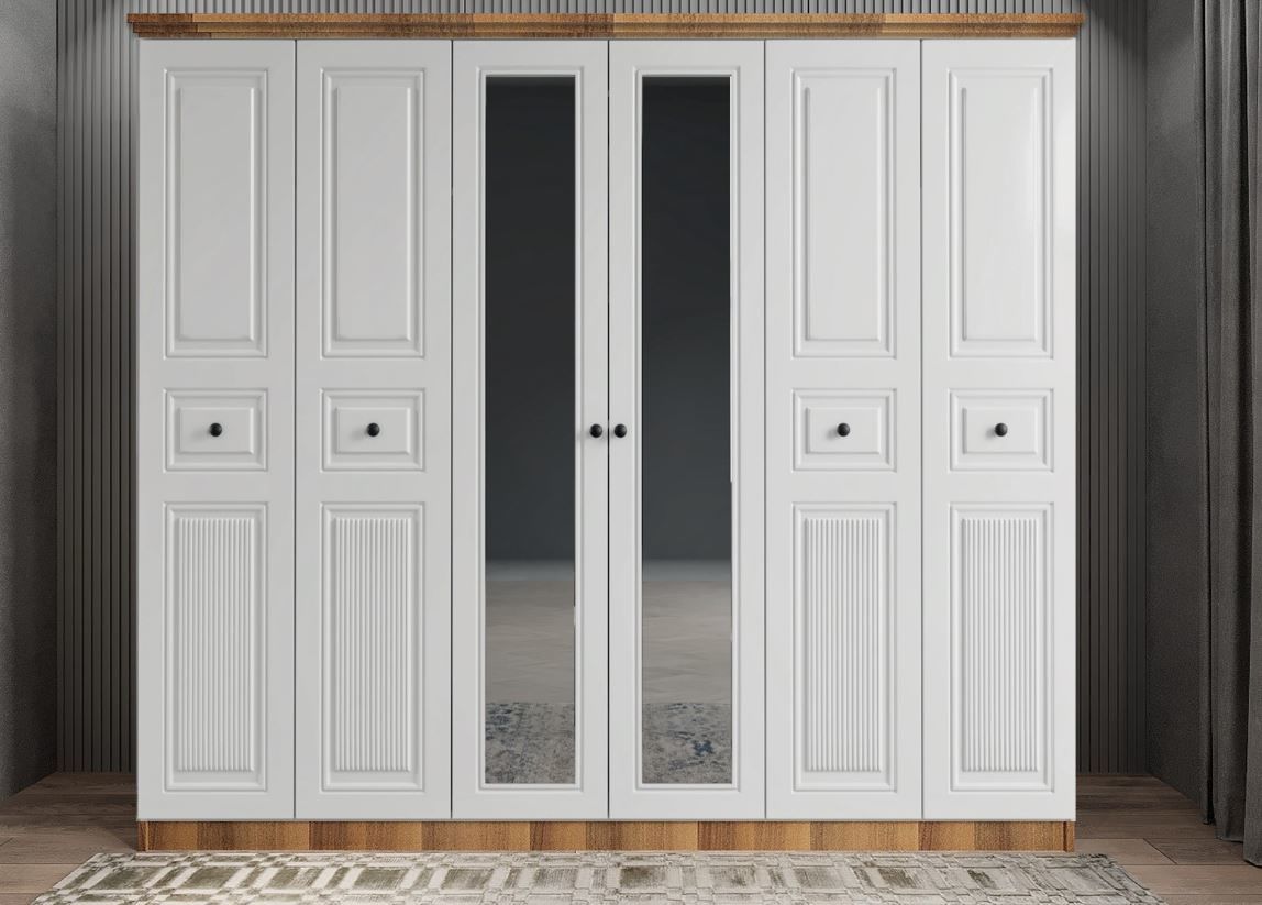 Merina Membran 6 Kapaklı Gardırop Montaj Dahil - Ceviz Beyaz