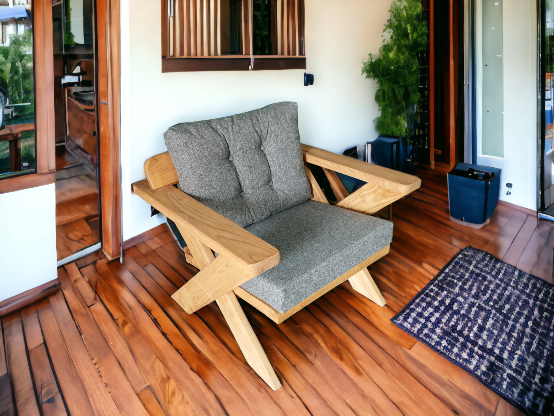 Berlin Masif Ahşap Bahçe Balkon Koltuk Kestane Ağacı - 1 Adet Tekli Koltuk Açık Gri A.T.