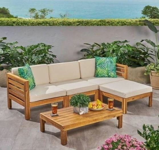 Puzzle Masif Kestane Ahşap Bahçe Balkon Sehpalı Köşe Takımı Meşe