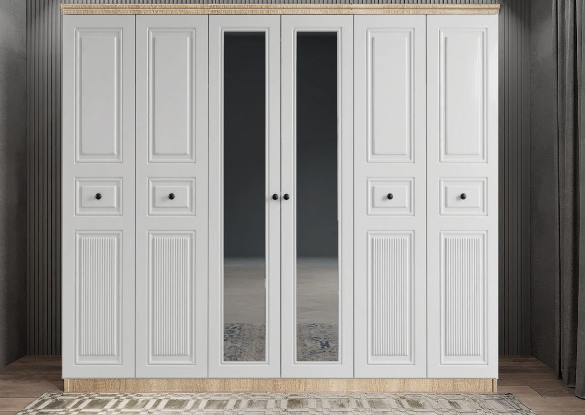 Merina Membran 6 Kapaklı Gardırop Montaj Dahil - Meşe Beyaz