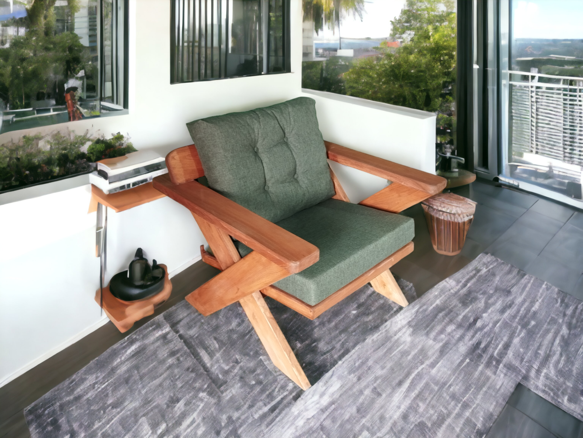 Berlin Masif Ahşap Bahçe Balkon Koltuk Kestane Ağacı - 1 Adet Tekli Koltuk Haki Yesil K.T.