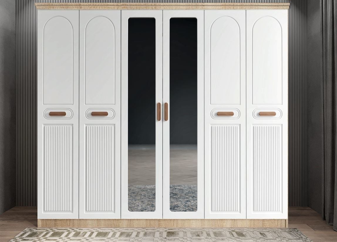 Morgan Membran 6 Kapaklı Gardırop Montaj Dahil - Meşe Beyaz