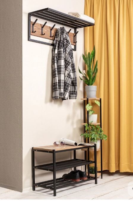 Velda Dekoratif Metal Masif Çam Ahşap Vestiyer Ayakkabılık