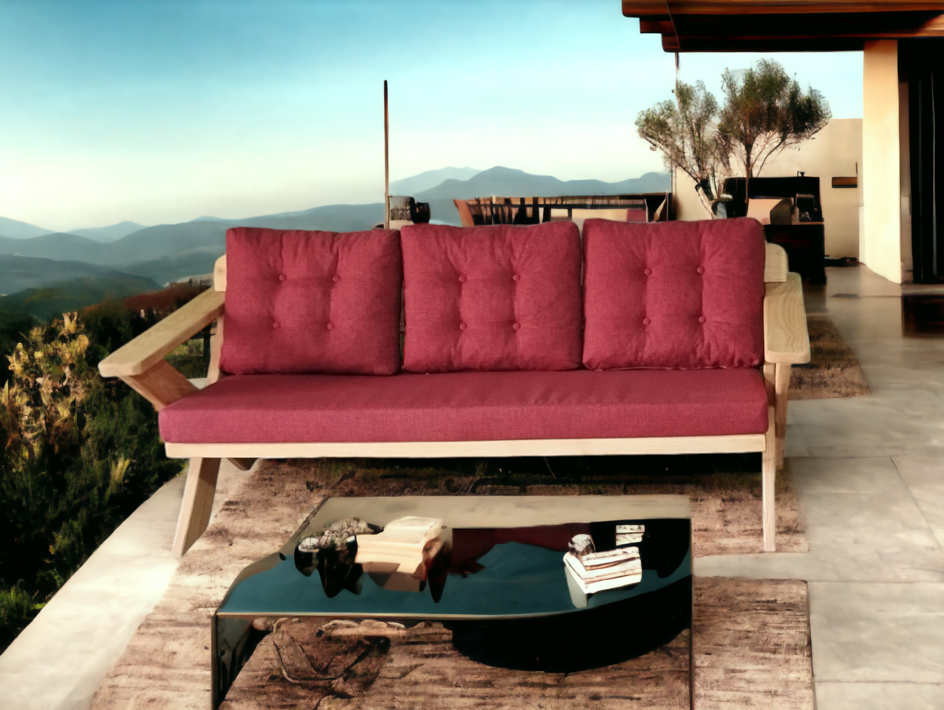 Berlin Masif Ahşap Bahçe Balkon Koltuk Kestane Ağacı - 1 Adet Üçlü Koltuk Bordo  A.T.