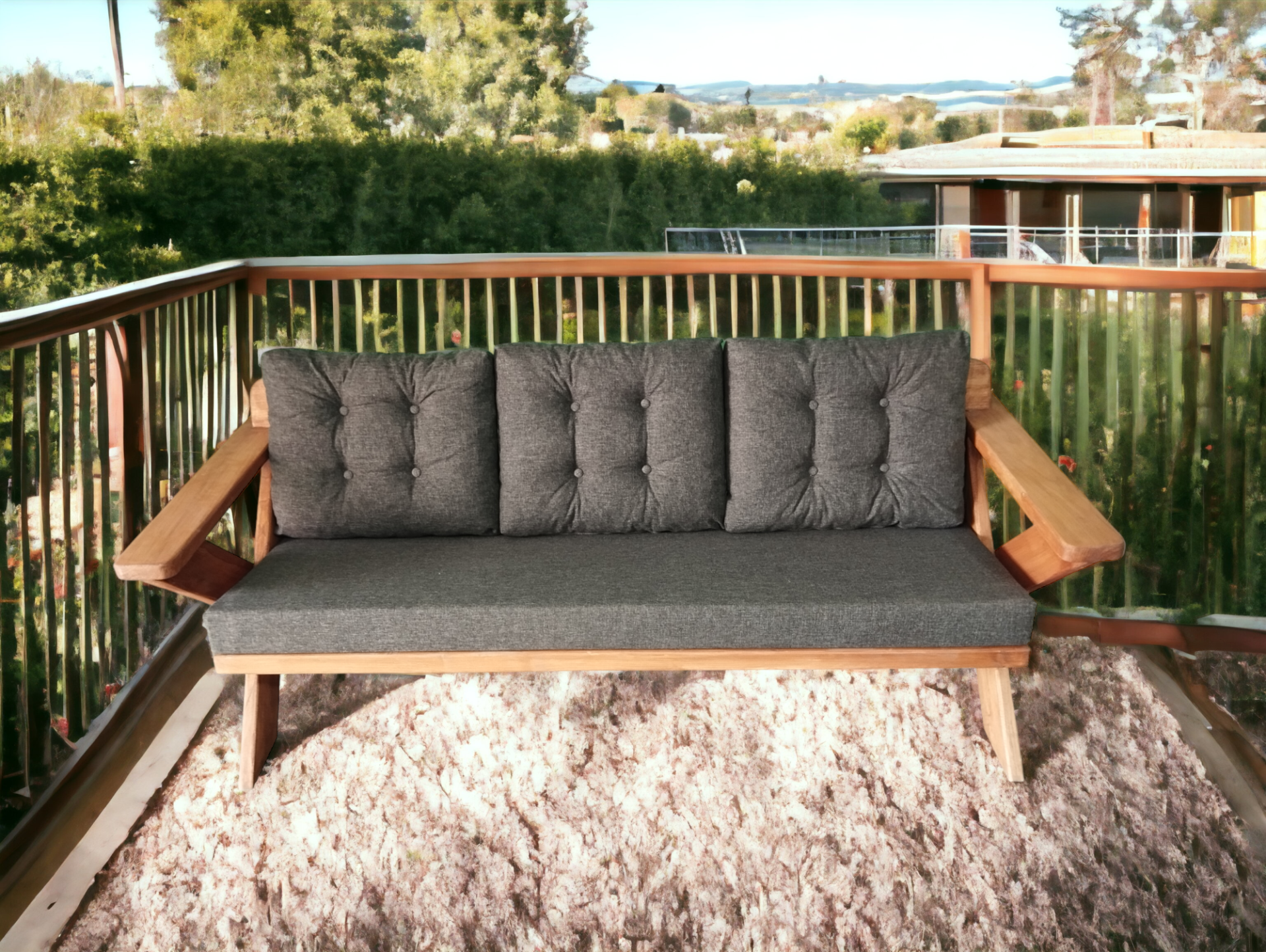 Berlin Masif Ahşap Bahçe Balkon Koltuk Kestane Ağacı - 1 Adet Üçlü Koltuk Antrasit Gri K.T.