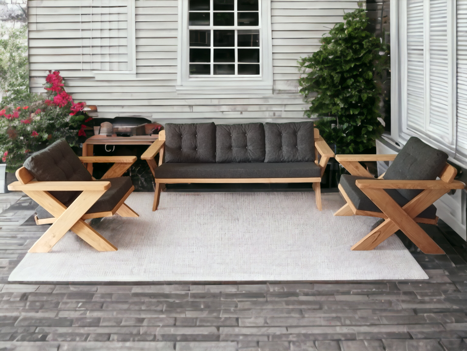 Berlin Masif Ahşap Bahçe Balkon Koltuk Takımı Kestane Ağacı - 1 adet Üçlü 2 Adet Tekli Antrasit Gri