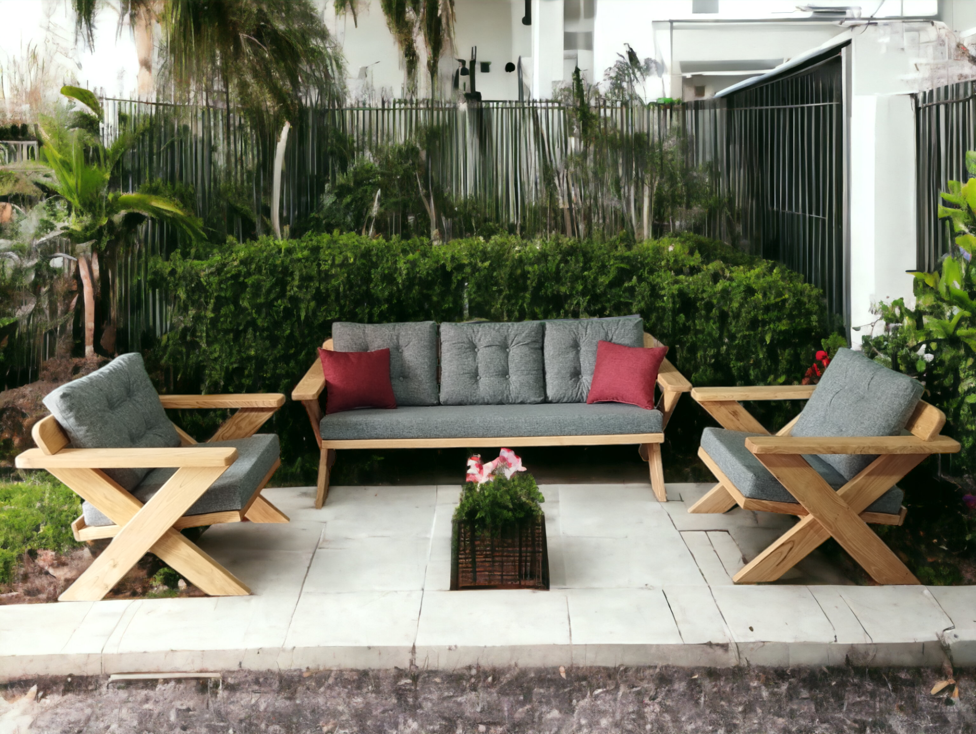 Berlin Masif Ahşap Bahçe Balkon Koltuk Takımı Kestane Ağacı - 1 adet Üçlü 2 Adet Tekli Gri A.T.