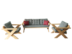 Berlin Masif Ahşap Bahçe Balkon Koltuk Takımı Kestane Ağacı - 1 adet Üçlü 2 Adet Tekli Gri A.T.