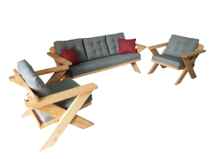 Berlin Masif Ahşap Bahçe Balkon Koltuk Takımı Kestane Ağacı - 1 adet Üçlü 2 Adet Tekli Gri A.T.