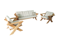 Berlin Masif Ahşap Bahçe Balkon Koltuk Takımı Kestane Ağacı - 1 adet Üçlü 2 Adet Tekli Krem A.T.