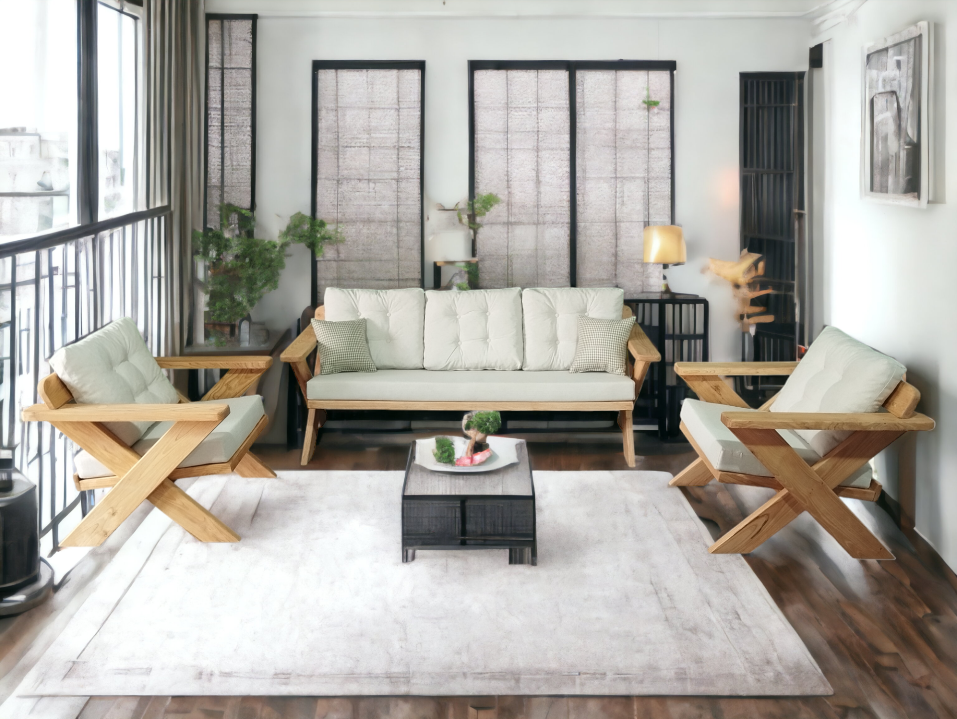 Berlin Masif Ahşap Bahçe Balkon Koltuk Takımı Kestane Ağacı - 1 adet Üçlü 2 Adet Tekli Krem A.T.