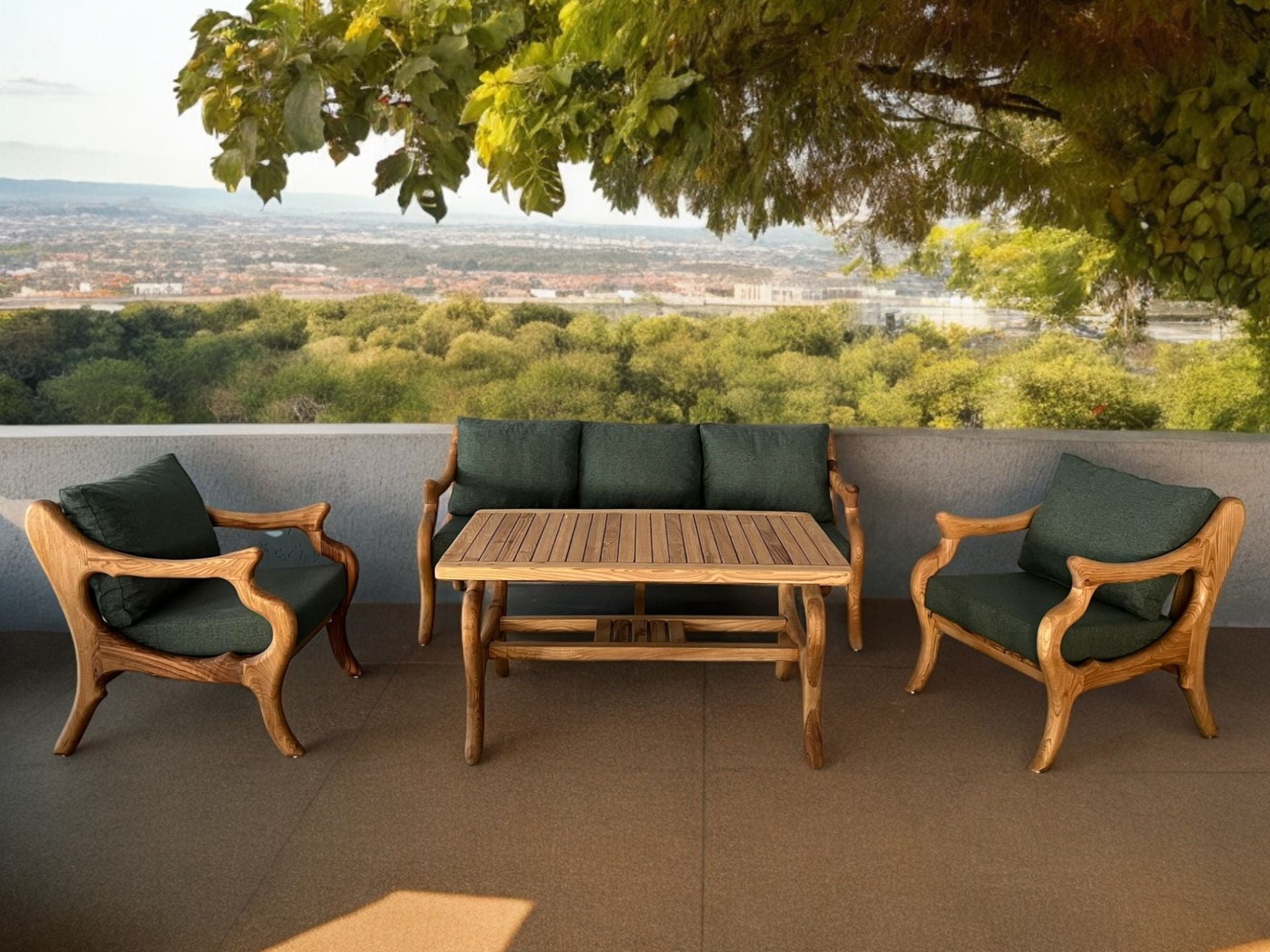 Müşteriye Özel Bery Masif Ahşap Bahçe Balkon Koltuk Kestane Ağacı 3+1+1 Koltuk, Masa Takımı ve 2 Adet Puf