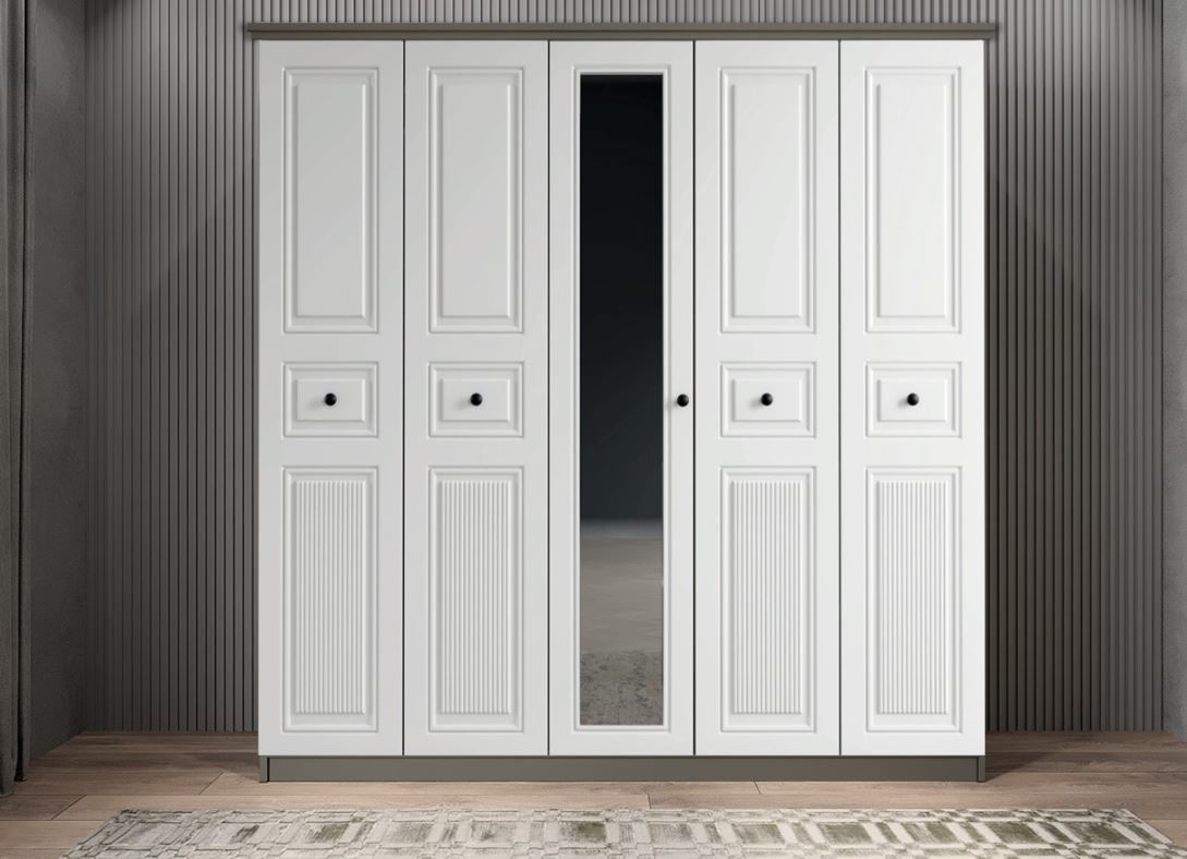 Riyad Membran 5 Kapaklı Gardırop Montaj Dahil - Füme Beyaz