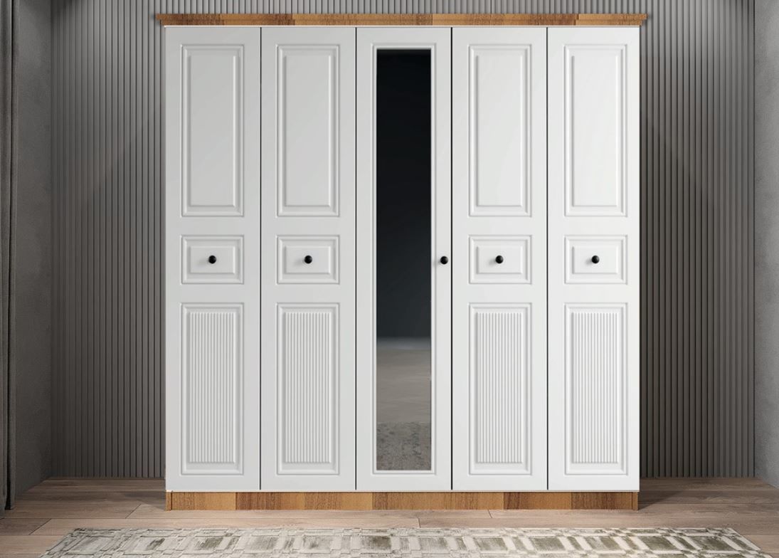 Riyad Membran 5 Kapaklı Gardırop Montaj Dahil - Ceviz Beyaz