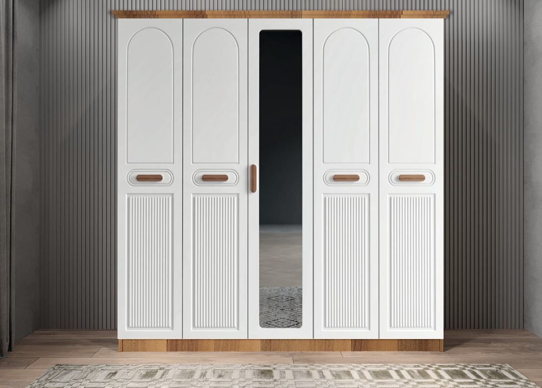 Varna Membran 5 Kapaklı Gardırop Montaj Dahil - Ceviz Beyaz