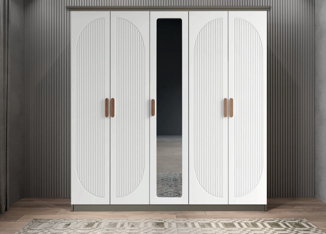 Solaris Membran 5 Kapaklı Gardırop Montaj Dahil - Füme Beyaz