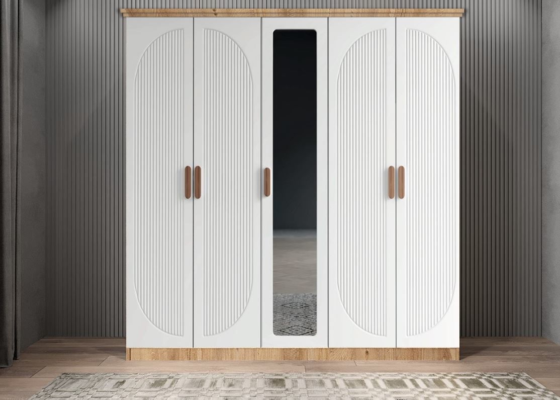 Solaris Membran 5 Kapaklı Gardırop Montaj Dahil - Çam Beyaz