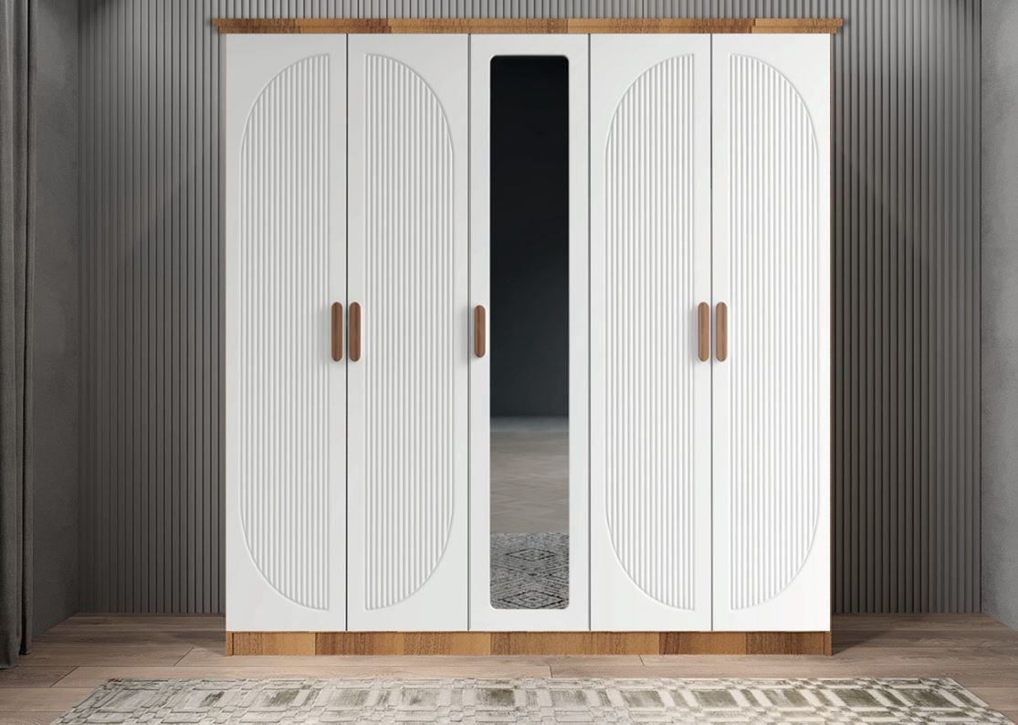 Solaris Membran 5 Kapaklı Gardırop Montaj Dahil - Ceviz Beyaz