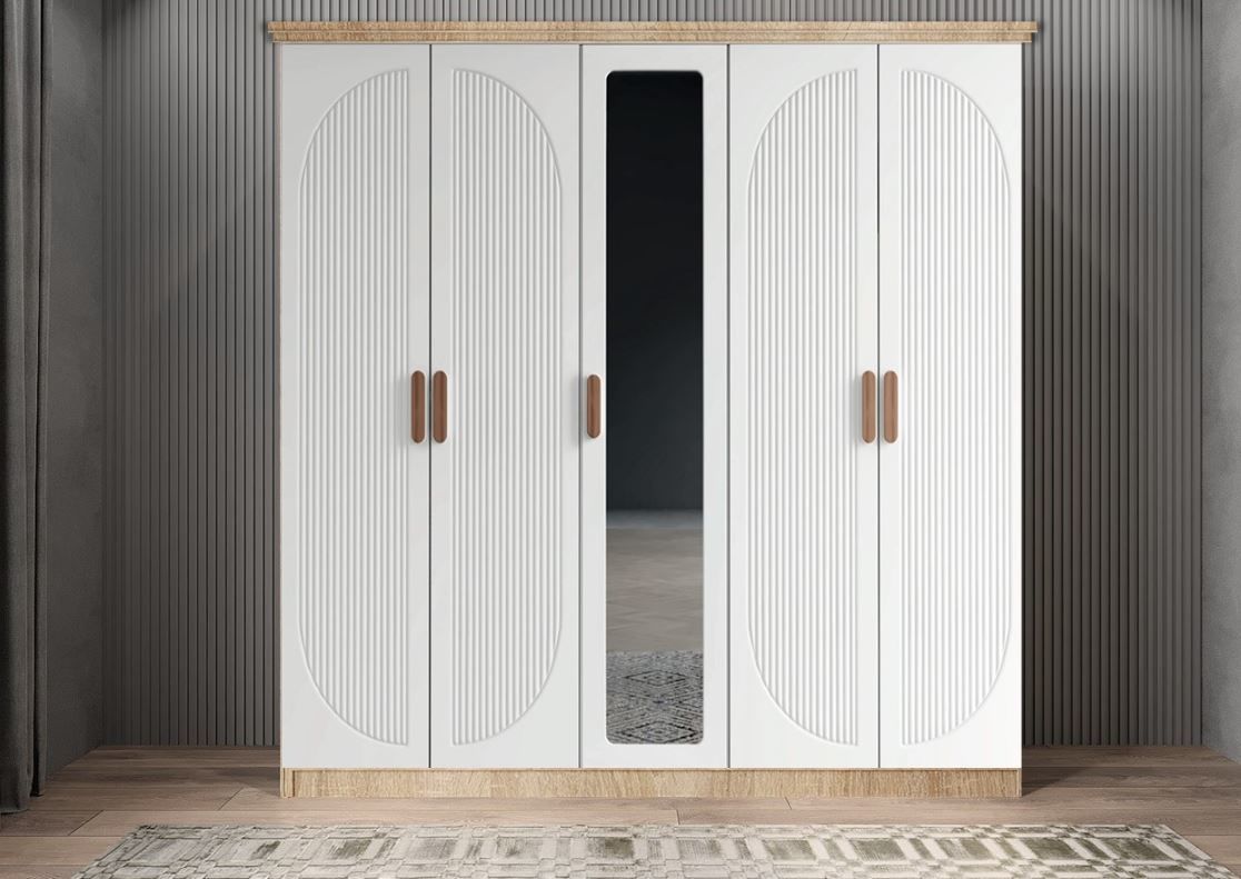 Solaris Membran 5 Kapaklı Gardırop Montaj Dahil - Meşe Beyaz