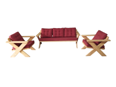 Berlin Masif Ahşap Bahçe Balkon Koltuk Takımı Kestane Ağacı - 1 adet Üçlü 2 Adet Tekli Bordo A.T.