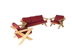 Berlin Masif Ahşap Bahçe Balkon Koltuk Takımı Kestane Ağacı - 1 adet Üçlü 2 Adet Tekli Bordo A.T.