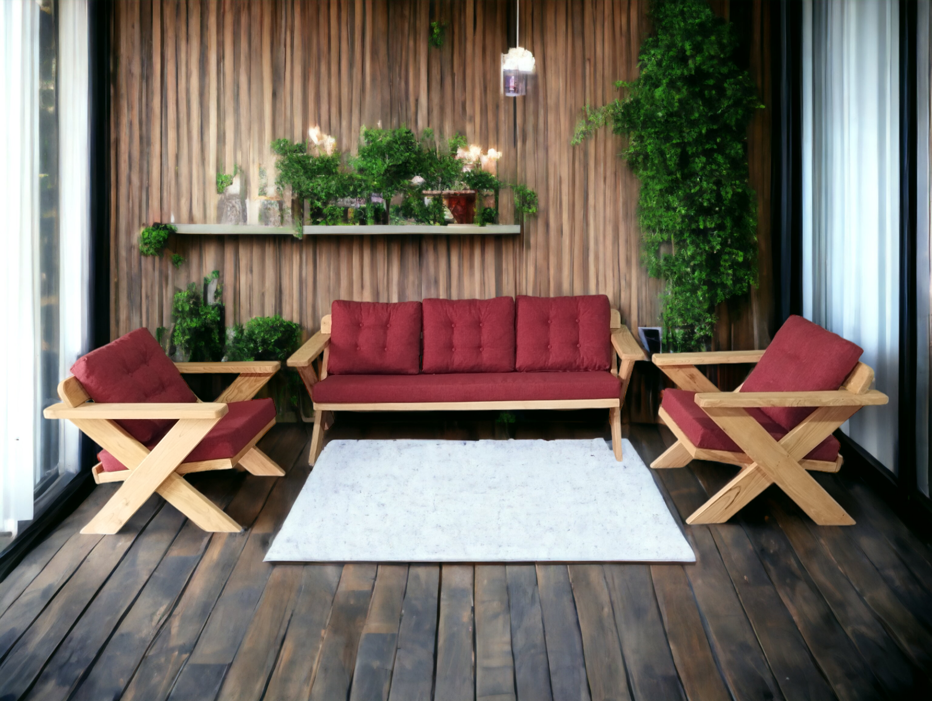 Berlin Masif Ahşap Bahçe Balkon Koltuk Takımı Kestane Ağacı - 1 adet Üçlü 2 Adet Tekli Bordo A.T.