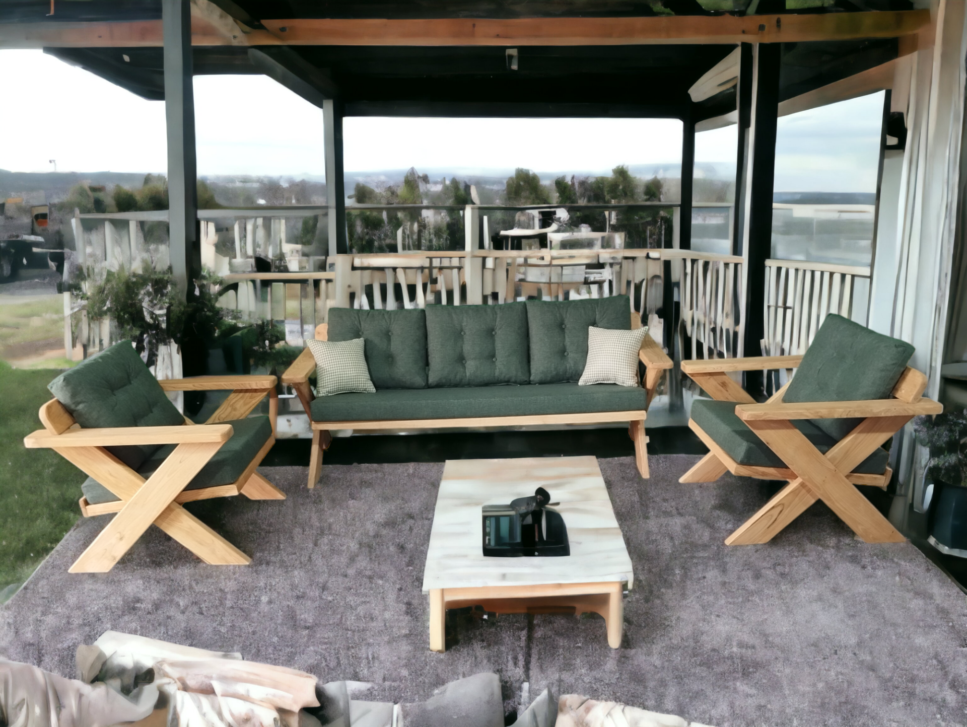 Berlin Masif Ahşap Bahçe Balkon Koltuk Takımı Kestane Ağacı - 1 adet Üçlü 2 Adet Tekli Haki Yeşil A.T.